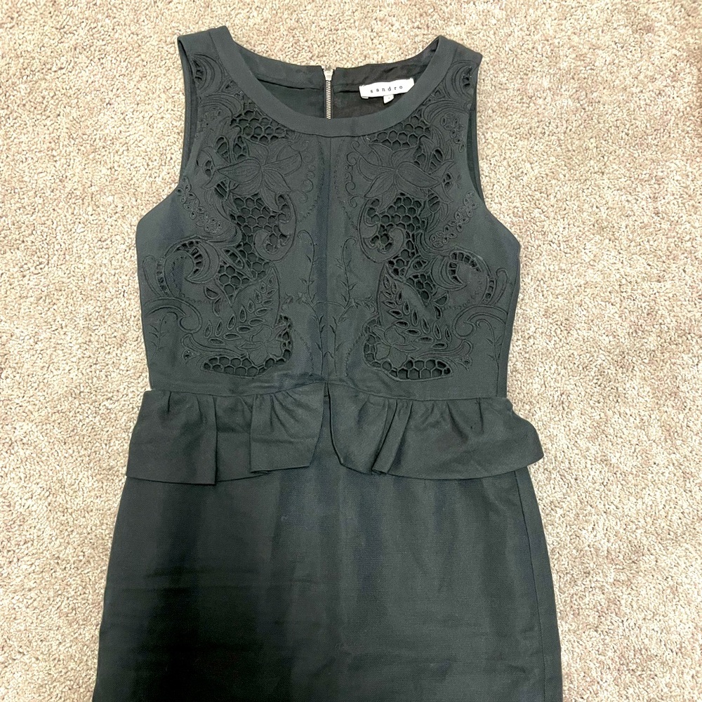 Sandro Paris Size 1 Or Small Black Mini Dress LBD Sleeveless Lace Panel